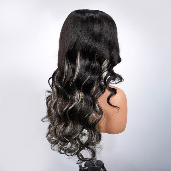OQ HAIR Black Blonde Skunk Stripe Layered Body Wave Glueless Wig With Face-Framing Curtain Bangs Pre-Cut 13x6 Lace Adjustable Drawstring Wear Go Wig