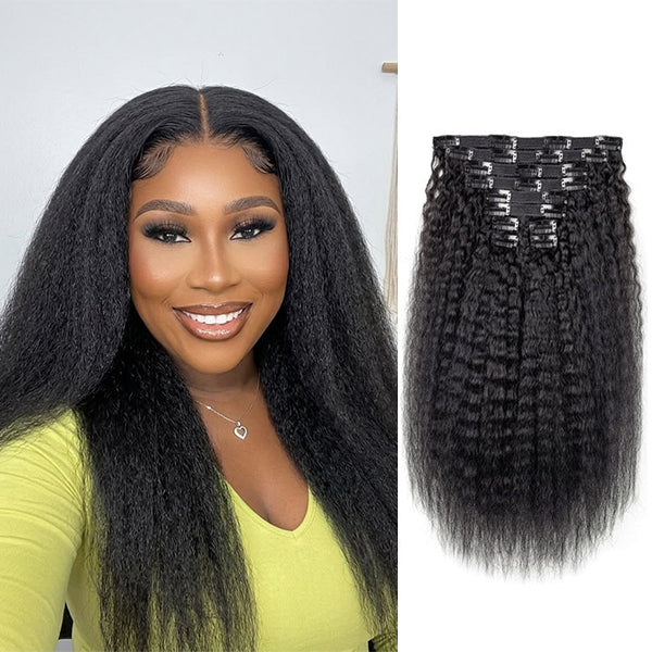 OQHAIR Kinky Straight Clip In Extension Human Hair Natural Black Color