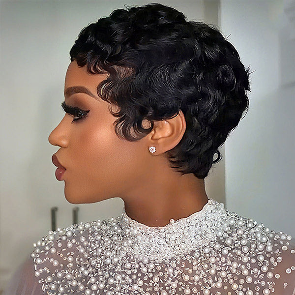 24h Ship Out | OQ HAIR Pixie Wig Pre-styled Human Hair Machine Made Short Curly Wigs Beginner Friendly