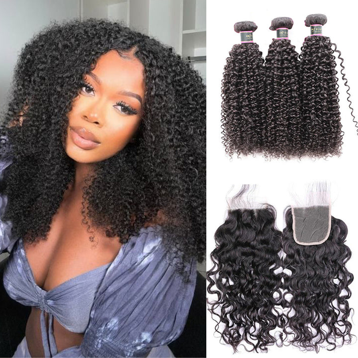 Kinky Curly Virgin Human Hair 3 Bundles With 4x4 Lace Closure