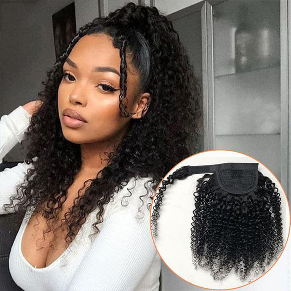 Kinky Curly Ponytail With Clip In 100% Human Hair Wrap-around Magic Velcro Ponytail Extension Quality Hair