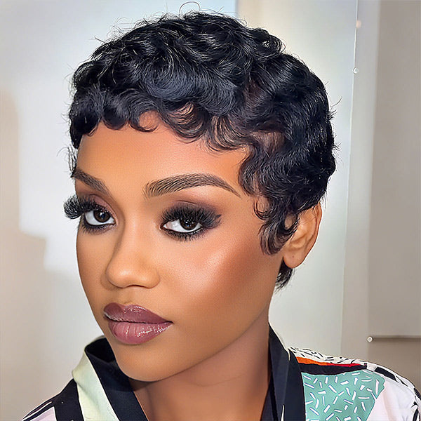 24h Ship Out | OQ HAIR Pixie Wig Pre-styled Human Hair Machine Made Short Curly Wigs Beginner Friendly