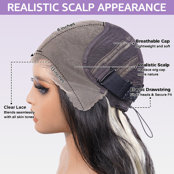 OQ HAIR Black Blonde Skunk Stripe Layered Body Wave Glueless Wig With Face-Framing Curtain Bangs Pre-Cut 13x6 Lace Adjustable Drawstring Wear Go Wig