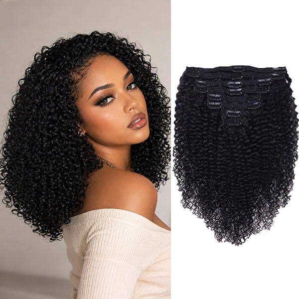OQHAIR Kinky Curly Clip In Extension Human Hair Natural Black Color