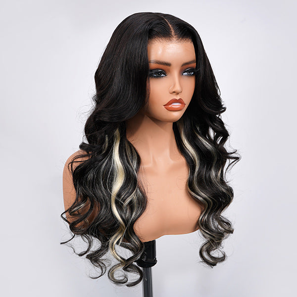 OQ HAIR Black Blonde Skunk Stripe Layered Body Wave Glueless Wig With Face-Framing Curtain Bangs Pre-Cut 13x6 Lace Adjustable Drawstring Wear Go Wig