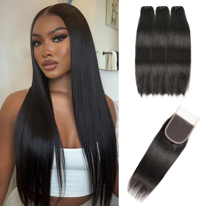 Straight Wavy Curly 3 Bundles With 4x4 Lace Closure Natural Black Virgin Human Hair