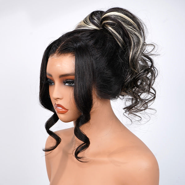 OQ HAIR Black Blonde Skunk Stripe Layered Body Wave Glueless Wig With Face-Framing Curtain Bangs Pre-Cut 13x6 Lace Adjustable Drawstring Wear Go Wig