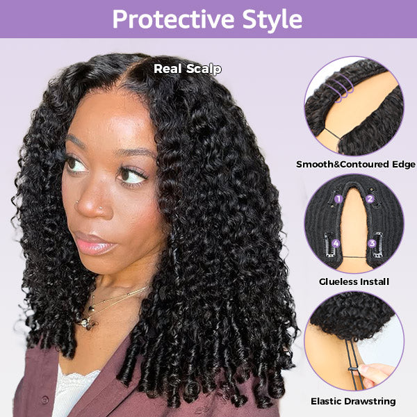 Burmese Curly Glueless Wig Natural Look No Leave Out Easy Install V Part Wig With Elastic Drawstring