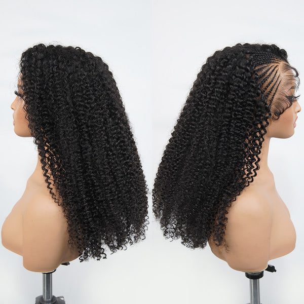 OQ HIAR Side Braided Kinky Curly Glueless Natural Melt Pre-Cut 13x4 HD Lace Frontal Wig Snug Fit Drawstring Cap Bleached Knots Wear Go Wig With Baby Hair
