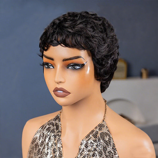 24h Ship Out | OQ HAIR Pixie Wig Pre-styled Human Hair Machine Made Short Curly Wigs Beginner Friendly