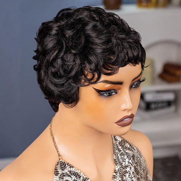 24h Ship Out | OQ HAIR Pixie Wig Pre-styled Human Hair Machine Made Short Curly Wigs Beginner Friendly