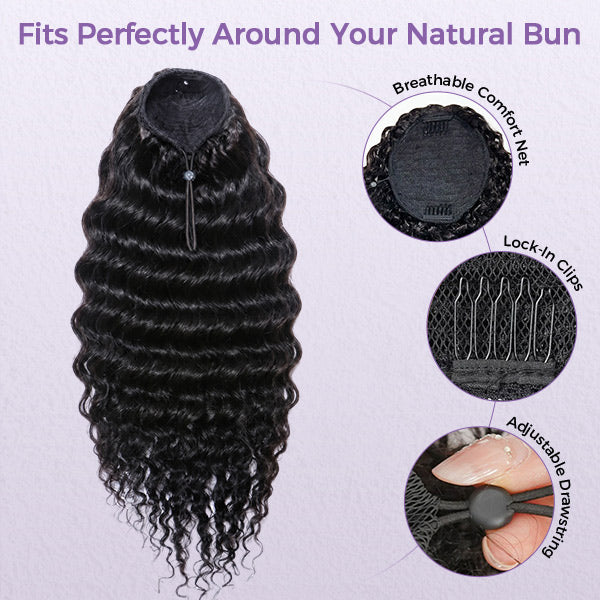 Loose Deep Wave Ponytail With Clip In 100% Human Hair Wrap-around With Drawstring Ponytail Extension Quality Hair