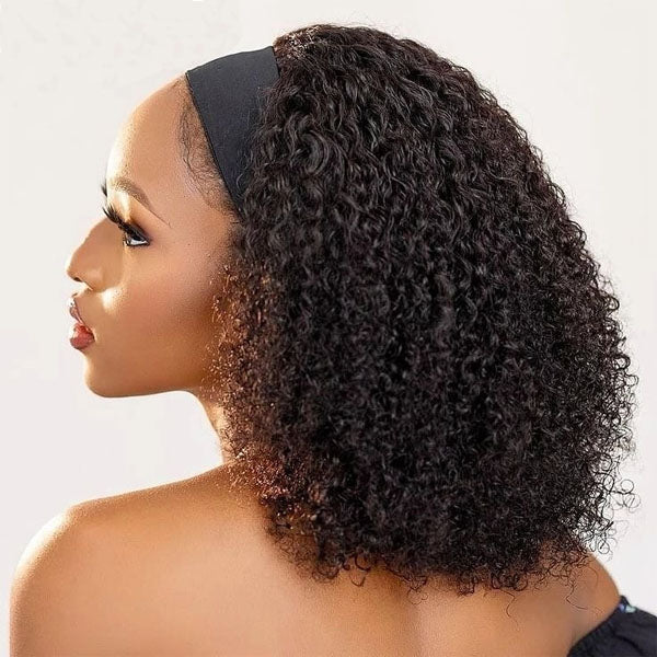 Kinky Curly Headband Wig Human Hair Scarf Wig No Gel No Glue Jerry Curl Hair Wig with Headband 180% Density