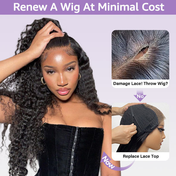 OQ Hair Block Wig Water Wave Bleached Knots Wig With Optional Replaceable Zip Lace Tops