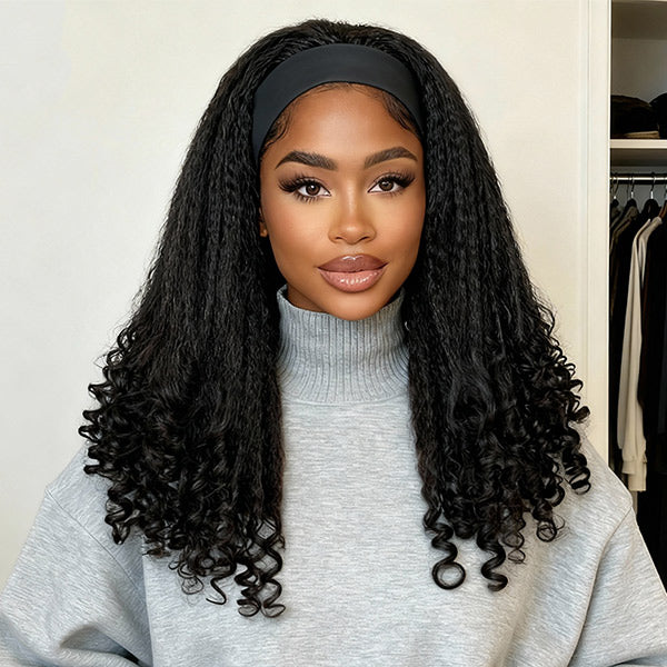 OQ HAIR Kinky Straight Burmese Curly Headband Wig Glueless Install Human Hair Wig