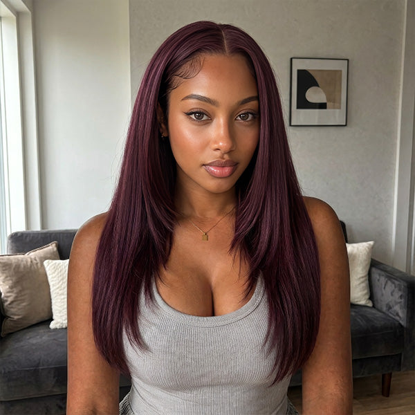 Dark Plum Color Pre Layered Straight Glueless Wear Go Human Hair Wig Beginner Friendly Pre Cut Lace