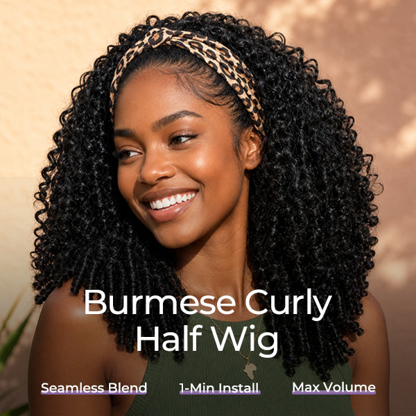 24h Shipping | Burmese Curly Human Hair Half Wig Glueless Wear Go Seamless Blend Flip Over Wig