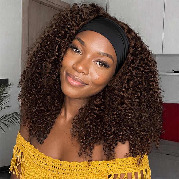 OQ HAIR Afro Curly Headband Wig No Gel No Glue Human Hair Glueless Wig With Scarf
