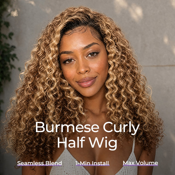 24H Shipping | Highlight 4/27 Burmese Curly Human Hair Wear Go Half Wig With Drawstring Easy Install