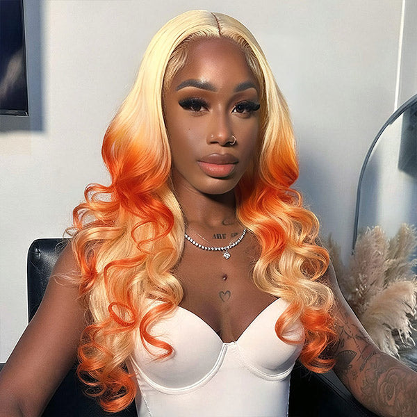 24h Ship Out | OQ HAIR Butterfly Cut 613 Blonde & Orange Mixed Color Pre-Styled Layered Body Wave Glueless Wig Pre-cut 7x5 Lace Wear Go Wig