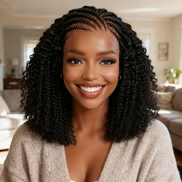 OQ HAIR Afro Curly Pre Braided Style Pre Bleached Knots Pre-cut 9x6 Lace Wear Go Glueless Wig With Elastic Drawstring