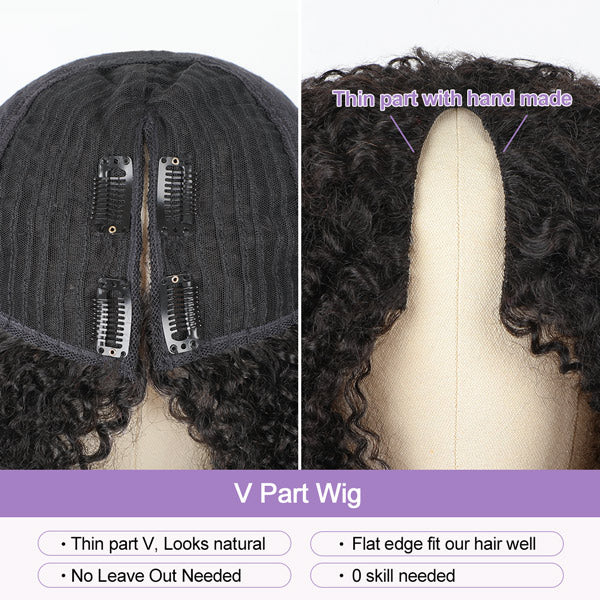 24h Shipping | Afro Curly V Part Wig No Leave Out Thin Part Glueless Wigs Human Hair Wig