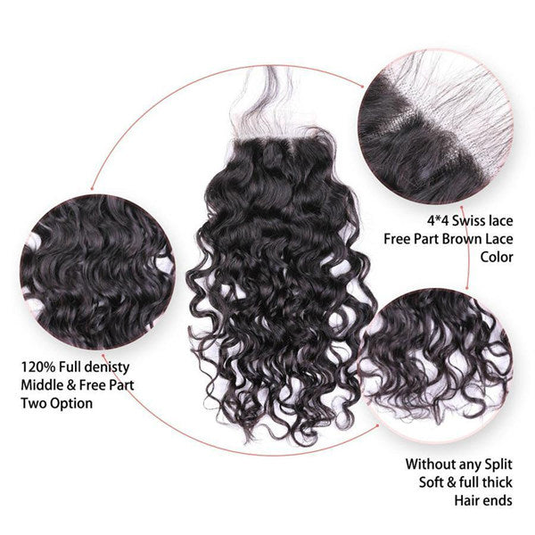 9A  Natural Wave Human Hair 3 Bundles with 4*4 Closure Natural Black