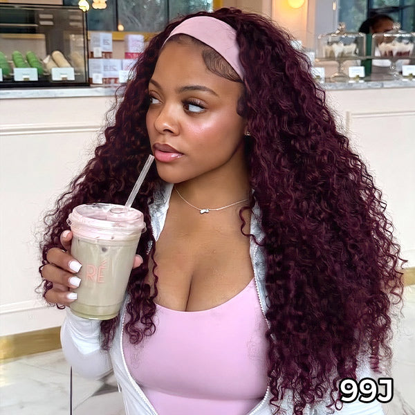 OQ HAIR Curly Wave Headband Wig Human Hair Brazilian Deep Wave Machine Made Wigs With Head Band No Glue Scarf Wig