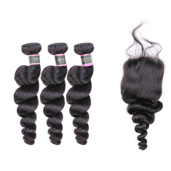Loose Wave 3 Bundles with 4*4 Lace Closure Human Virgin Hair