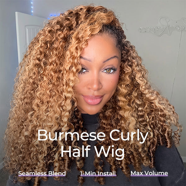24H Shipping | Highlight 4/27 Burmese Curly Human Hair Wear Go Half Wig With Drawstring Easy Install