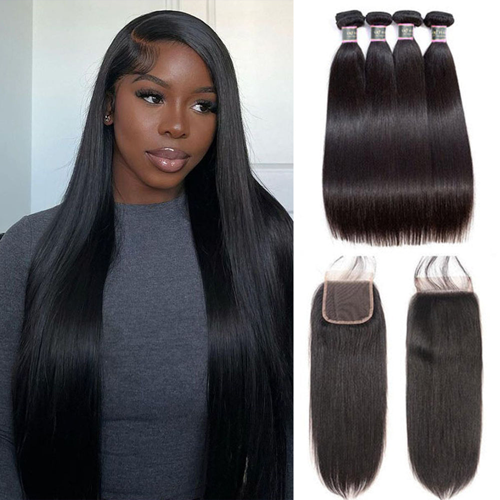 Full Straight Human Hair 4 Bundles with 4*4 Lace Clsoure Natural Black