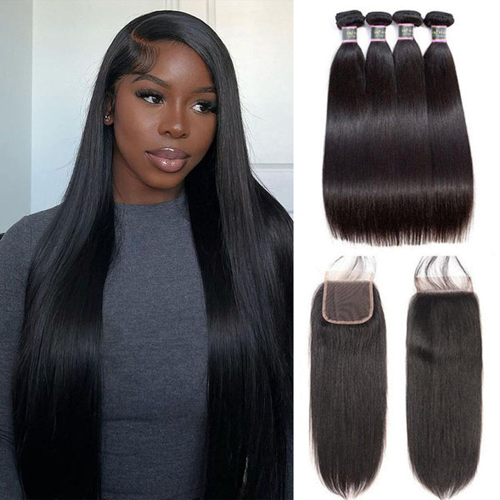 Full Straight Human Hair 4 Bundles with 4*4 Lace Clsoure Natural Black