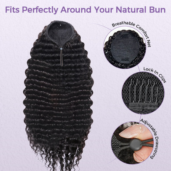 Deep Wave Ponytail With Clip In 100% Human Hair Wrap-around With Drawstring Ponytail Extension Quality Hair