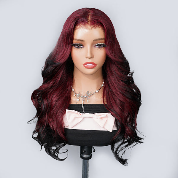 OQ HAIR Layered Body Wave Glueless Burgundy 99J To Black Ombre Color Pre-Cut 13x6 Lace Wear Go Glueless Wig With Flexible Fit Drawstring