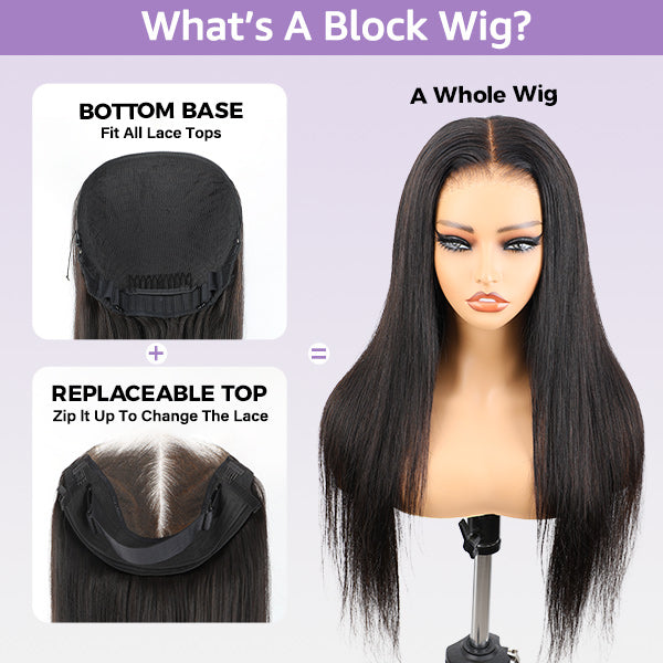 OQ Hair Block Wig Straight Hair Bleached Knots Wig With Optional Replaceable Zip Lace Tops