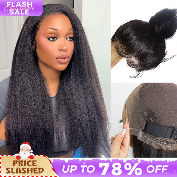 OQ HAIR Kinky Straight Invisi-Drawstring Flexible Fit 360 Lace Front Glueless Wig With Bleached Knots