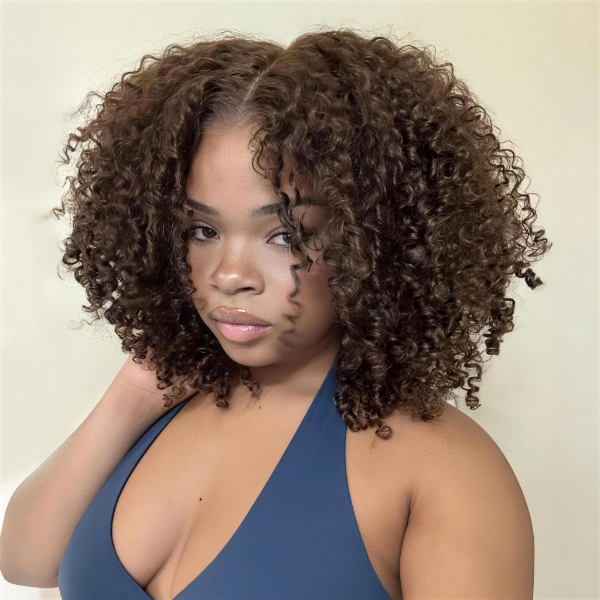 OQ HAIR Chocolate Brown Kinky Curly Wear Go Wig Invisible 7x5 Lace Pre Plucked Hairline Human Hair Closure Wig