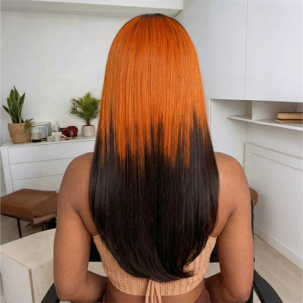 OQ HAIR Layered Straight Orange Highlight Brown Natural Blend Color Pre-cut 7x5 Lace Wear Go Glueless Wig With Adjustable Drawsting