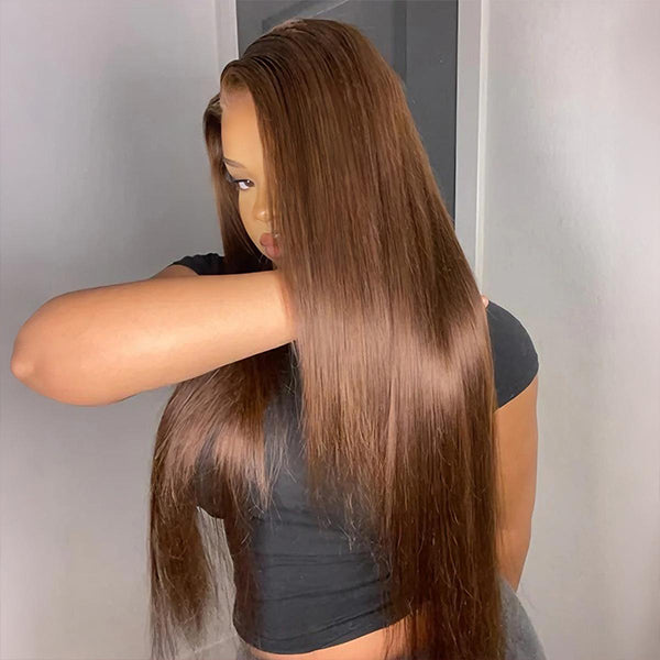 OQ Hair Straight Hair Glueless Wig #4 Chocolate Brown Color 7x5 Deep Parting Wear Go Wig Bleached Knots