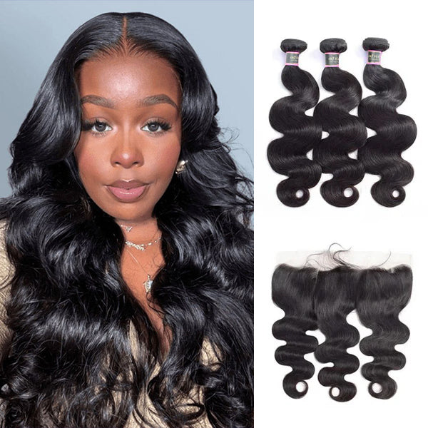 Body Wave Human Hair 3 Bundles with 13*4 Lace Frontal Natural Black