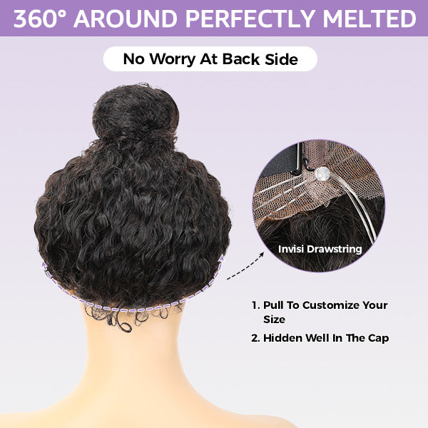 OQ Hair Kinky Curly Invisi-Drawstring Pre-Cut 360 Lace Glueless Wig With Bleached Knots Pre-Plucked Hairline