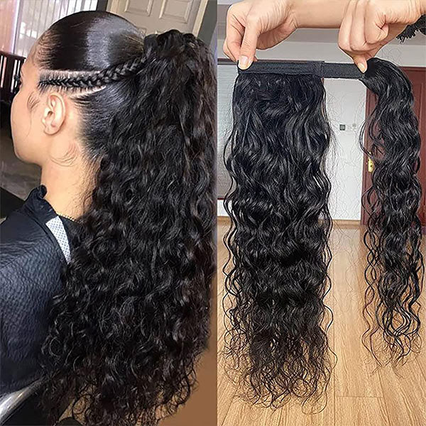 Water Wave Ponytail With Clip In 100% Human Hair Wrap-around Magic Velcro Ponytail Extension Quality Hair
