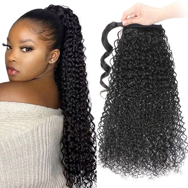 Kinky Curly Ponytail With Clip In 100% Human Hair Wrap-around Magic Velcro Ponytail Extension Quality Hair