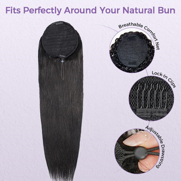 Straight Ponytail With Clip In 100% Human Hair Wrap-around With Drawstring Ponytail Extension Quality Hair