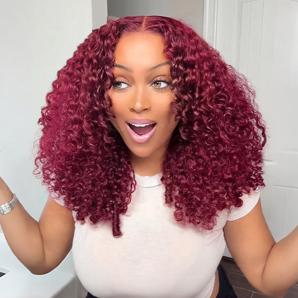 OQ HAIR Burgundy 99J Burmese Curly Glueless Wig Pre-cut 13x6 Lace Front Wear Go Wig With Adjustable Fit Drawstring