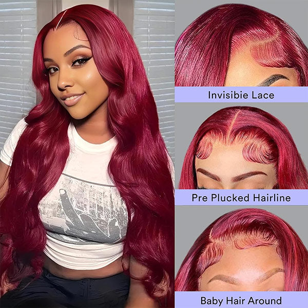 OQ HAIR Glueless Body Wave Rich 99J Burgundy Color Pre-Cut 7x5 Lace Effortless Wear Go Wig