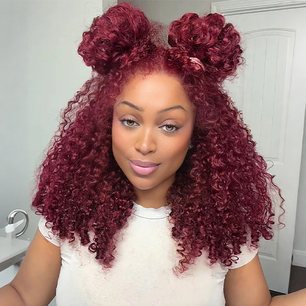OQ HAIR Burgundy 99J Burmese Curly Glueless Wig Pre-cut 13x6 Lace Front Wear Go Wig With Adjustable Fit Drawstring