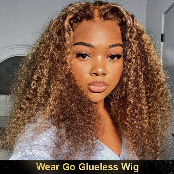 Kinky Curly 4/27 Highlight Wear Go Glueless Wig Pre-cut Lace Wig 4x6 HD Lace Wig Preplucked with Natural Hairline