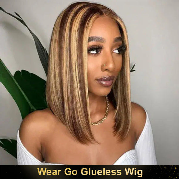 OQHAIR Wear Go Glueless Wigs 4/27 Highlight Color Straight Hair Bob Wigs Pre Cut HD Lace