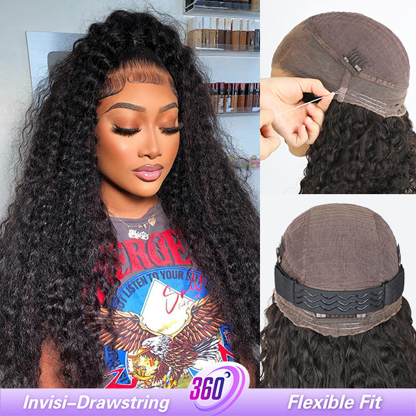 OQ Hair Kinky Curly Invisi-Drawstring Pre-Cut 360 Lace Glueless Wig With Bleached Knots Pre-Plucked Hairline